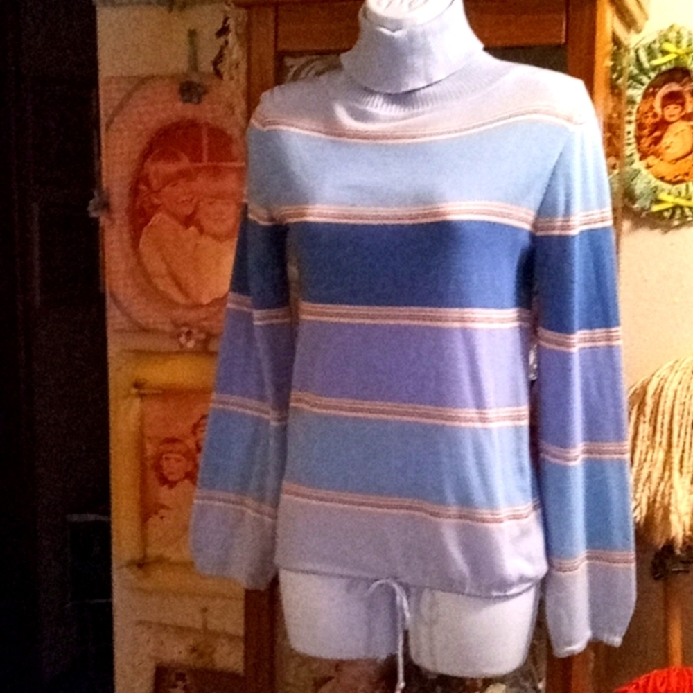 Vintage 80s,Sexy, Multi Striped,Long Sleeved, Turtleneck, Lightweight Knit Top